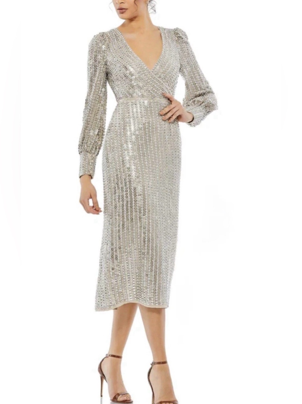 Mac Duggal Silver Sequin Bishop Sleeve Midi Dress Size 8 NWT